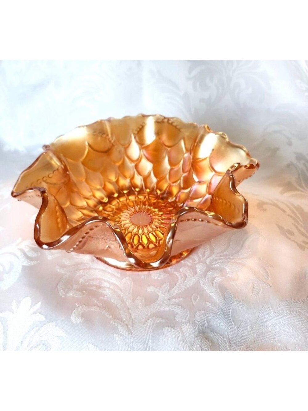 Antique Dugan Marigold Carnival Glass Bowl Fish Scale & Beads Pattern Pre-1913 R
